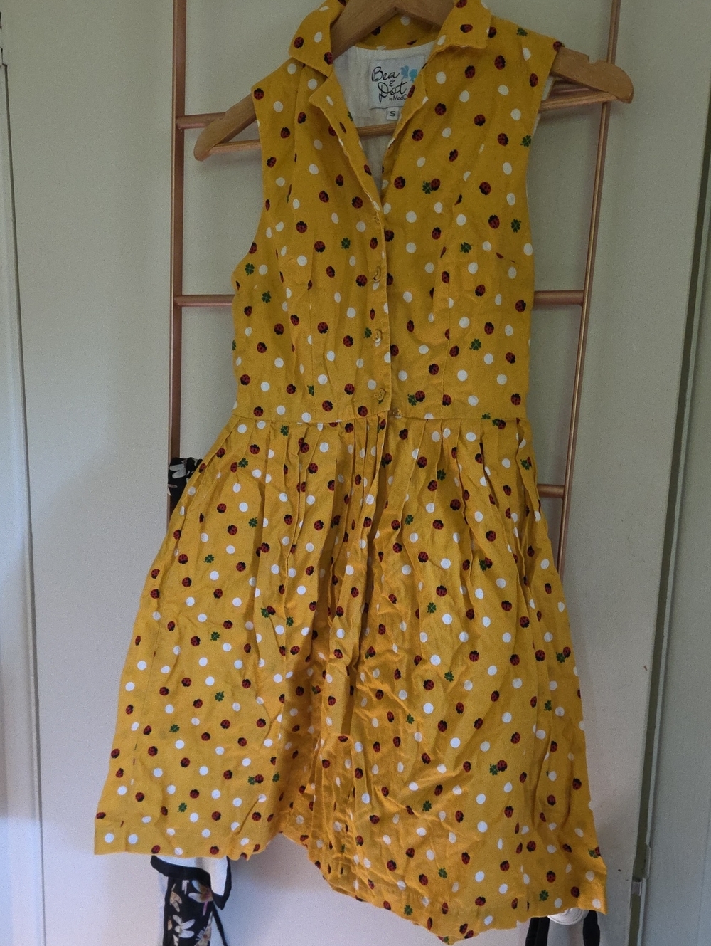 Modcloth Bea &Dot Yellow Ladybug And Clovers Shirtwaist Dress